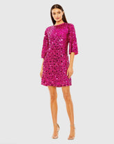 Pink Quarter Sleeve High Neck Sequin Embellished Mini Dress