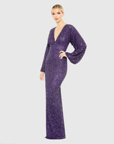 Purple Sequined Puff Sleeve V Neck Gown