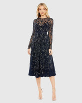Navy Beaded Illusion High Neck Long Sleeve A Line Dress