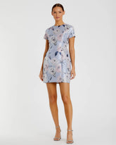 Blue Cap Sleeve Fitted Floral Mini Dress