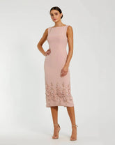 Pink Crepe Sleeveless Midi Dress With Flower Beading