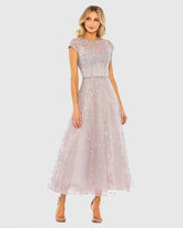 Purple Embellished High Neck Cap Sleeve A Line Dress