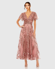 Pink Embroidered Flutter Sleeve A-Line Dress