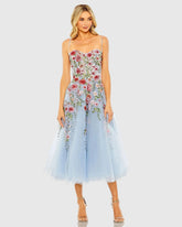 Blue Bustier Embroidered Floral A-Line Dress