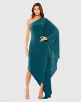 One Shoulder Cape Sleeve Ruched Detail Jersey Gown