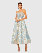 Blue Strapless Brocade Midi Dress with Pockets