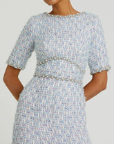 Blue Short Sleeve Beaded Trim Boucle Midi Dress