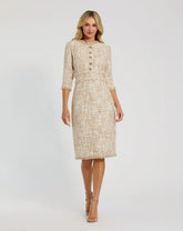 Beige 3/4 Sleeve Beaded Trim Patch Pocket Tweed Midi Dress