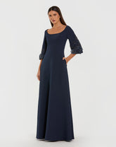 Navy Crepe Gown With Floral Embellished Sleeves