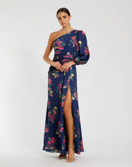 Navy One Sleeve Floral Print Charmeuse Gown With Slit
