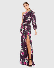 One Sleeve Floral Print Charmeuse Gown With Slit