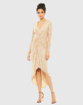 Gold Sequined High Low Front Twist Midi Dress