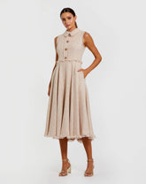 Pink Boucle Sleeveless Collared Button Up Midi Dress