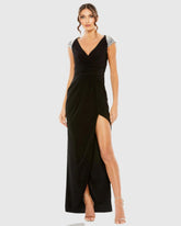Black V Neck Embellished Cap Sleeve Faux Wrap Slit Gown