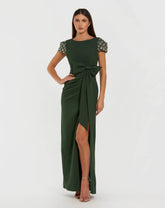 Dark Green Beaded Cap Sleeve Crepe Gown With Bow and Slit