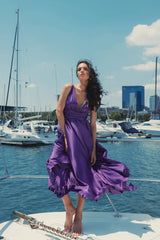 Purple Ruched Top Satin Pleated Tea Length Dress