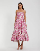 Pink Floral Brocade Strapless A Line Midi Dress