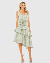 Green Floral Brocade Asymmetrical Hem Dress with Rosette