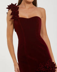 Dark Velvet One Shoulder Trumpet Gown With Flowers