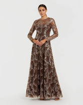 Brown Embellished Long Sleeve High Neck Evening Gown