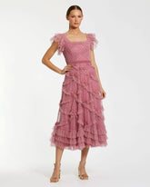 Pink Dot Net Sequin Ruffle Midi Dress
