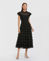 Black Ruffle High Neck Cap Sleeve Midi Dress