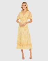 Yellow Floral Embellished Flutter Sleeve Tiered Dress
