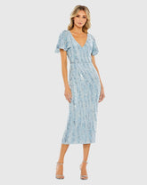 Blue Sequined V Neck Flutter Sleeve Tea Length Dress