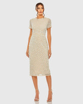 Beige High Neck Short Sleeve Embellished Midi Sheath Dress