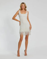 White Pearl Beaded Square Neck Mini Dress
