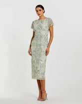 Green Embellished Mesh Fitted Cap Sleeve Cocktail Dress