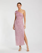 Pink One Shoulder Beaded Mesh Dress With Flower
