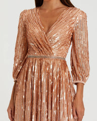 Pink Sequined Wrap Over 3/4 Sleeve Gown