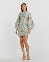 Multicolor Floral Brocade Puff Sleeve Fitted Mini Dress
