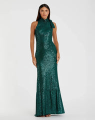 Sequined Soft Tie Halter Neck Column Gown