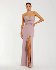 Strapless Rhinestone Bodice Crepe Gown