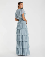 Blue Flutter Sleeve Ruffle Tiered Gown