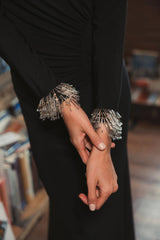 Black Long Sleeve Jersey Gown With Beaded Cuff Sleeves