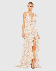 Multicolor Floral Print Sleeveless Ruffled High-Low Gown