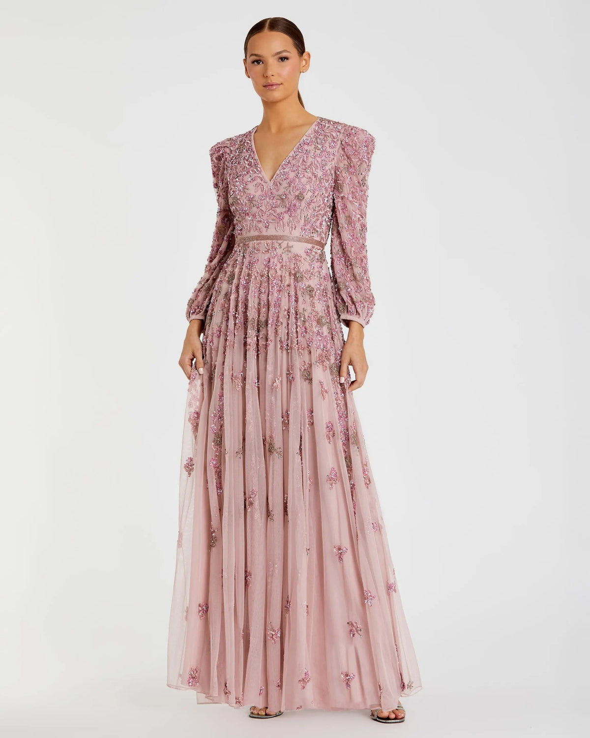 Embellished V Neck Long Sleeve A Line Gown