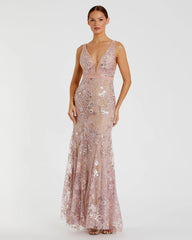 Floral Embellished Sleeveless Plunge Neck Gown