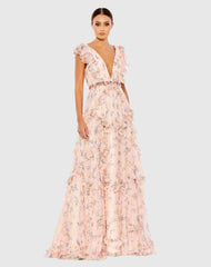 Multicolor Ruffled Floral Print Cap Sleeve Gown