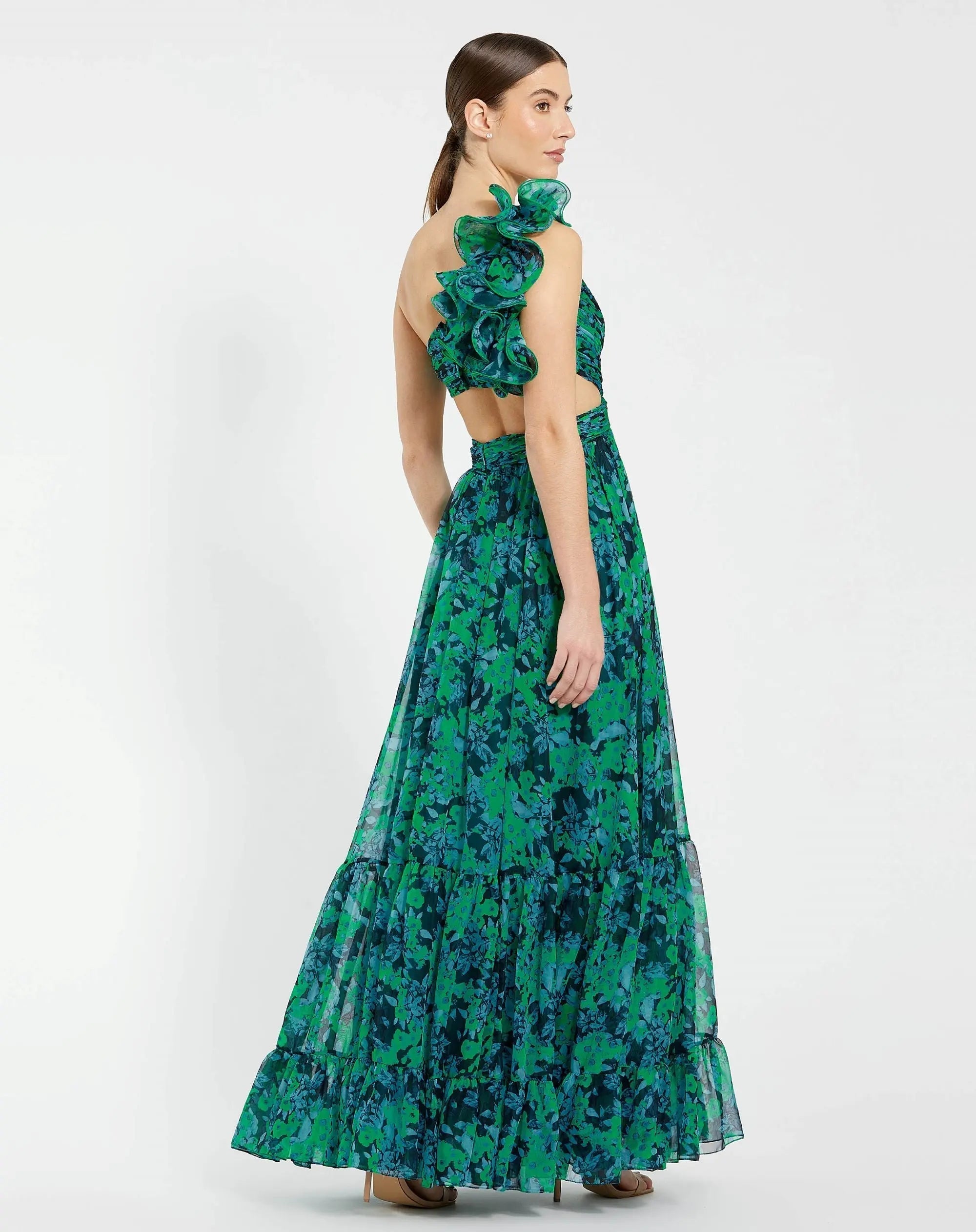 Green One Shoulder Ruffle Tiered Cut-Out Chiffon Gown