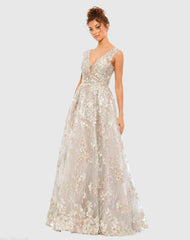 Floral Embroidered Illusion V-Neck Gown