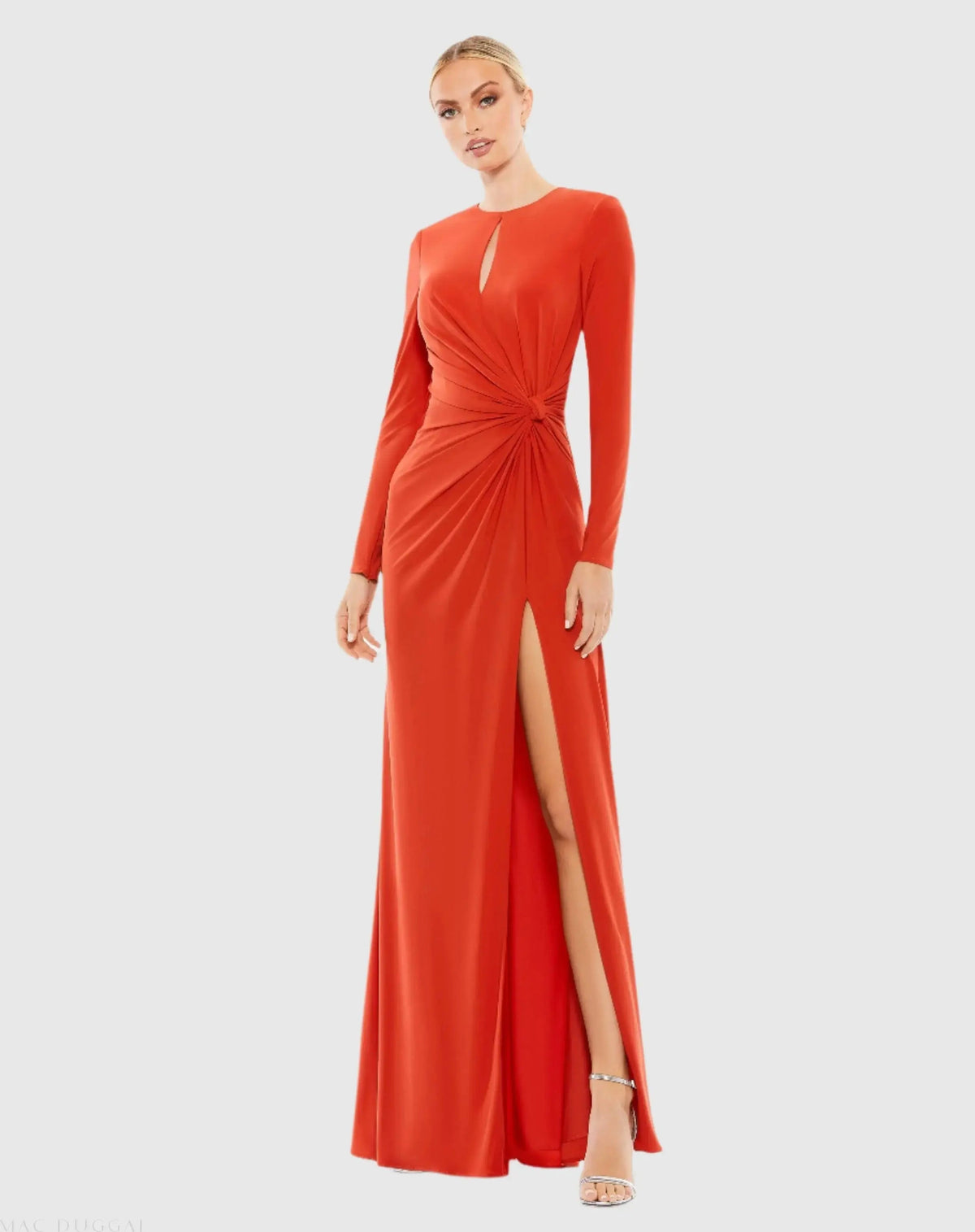Red Long Sleeve Keyhole Draped Gown
