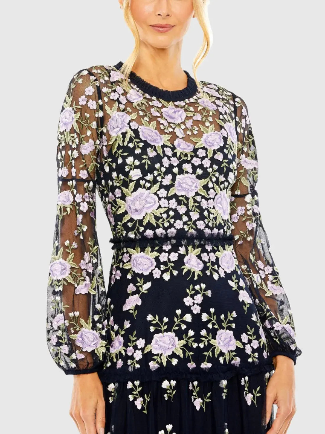 Navy Embroidered Puff Sleeve Tiered Dress