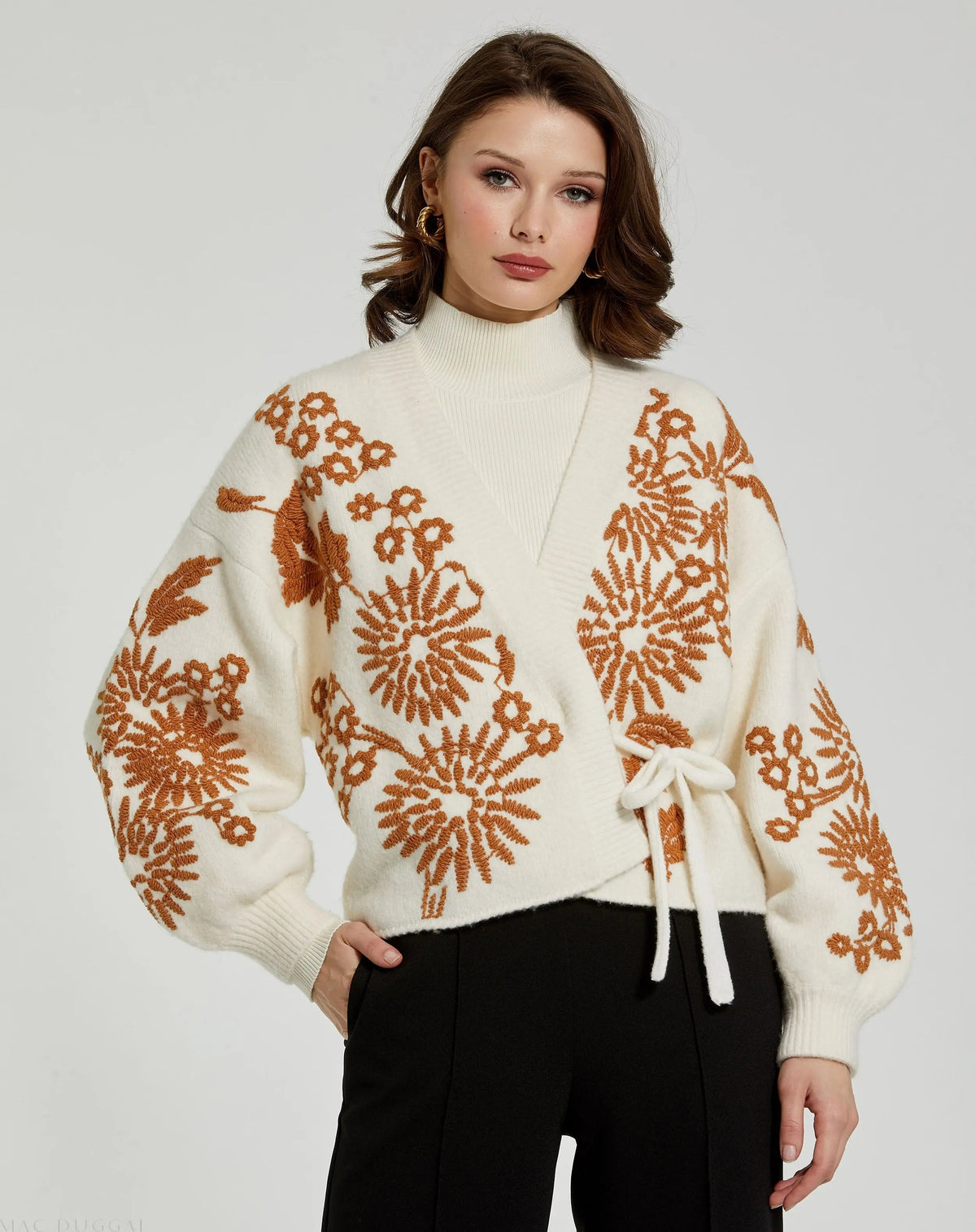 White Cropped Knit Cardigan With Floral Details